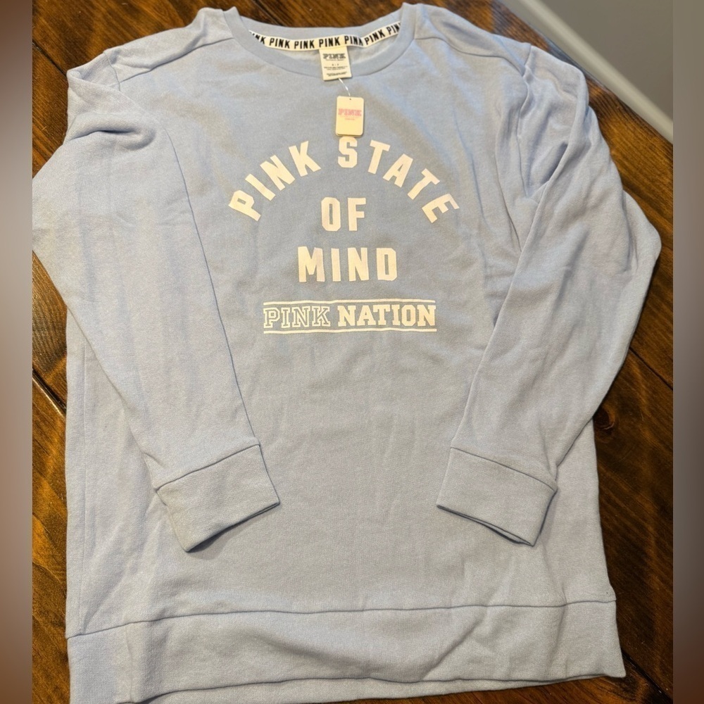 NWT VICTORIA SECRET PINK Crew Sweatshirt PINK STATE OF MIND (2016) SIZE S BLUE